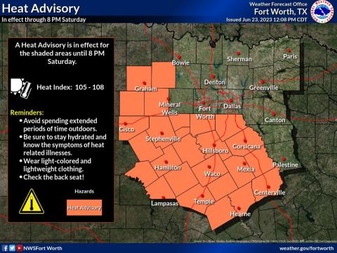A National Weather Service graphic shows a heat advisory is in effect until 8 p.m. Saturday for portions of North and Central Texas, including Lampasas and surrounding counties.