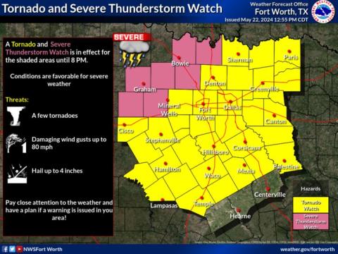 A National Weather Service graphic shows a tornado watch and flood watch issued in the region this evening. 