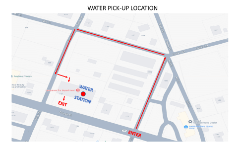 A City of Lampasas graphic shows a counter-clockwise route for water pickup along Brown, Mills and Briggs streets at the Lampasas Fire Department.