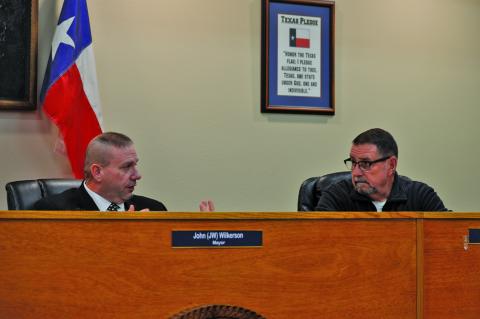Mayor John Wilkerson, left, and Councilman Rob Green discuss how a property tax freeze for homeowners age 65 and old might affect Kempner city revenues and the tax burden on other residents. The proposal was discussed at Tuesday’s Kempner City Council meeting, but no action was taken. ERICK MITCHELL | DISPATCH DISPATCH