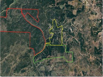 Land outlined in red belongs to Colorado Bend State Park. The Texas Parks and Wildlife Commission on Thursday approved the acquisition of 1,100 acres in Lampasas and Burnet counties – outlined here in yellow – to be designated for a state park. In a previous action, the TPW Commission approved the purchase of the 2,020 acres outlined in green to create a new state park.