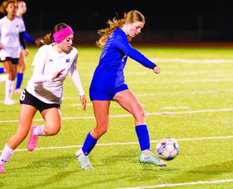 Ryleejo Westra, left photo, and Brylie Centunzi played during the Lady Badgers’ 3-1 win over Shoemaker last Friday night. Two goals were scored by Kelbie Black and the third by Arianna Bermudez.