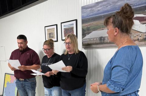 After the canvassing of vote results from the May 2 election, trustees Anthony Resa, Tabithe Whitehead and Courtney Duncan were sworn in by Ronda Bridges at the Lometa school board meeting last week. COURTESY PHOTO