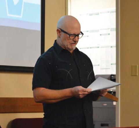 erick mitchell | dispatc h record Andrew Landrum spoke during the public forum portion of Monday’s school board meeting to advocate for the reinstatement of a vocal music program in Lampasas schools.