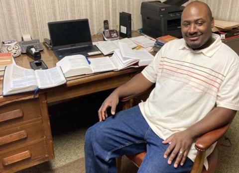 Minister Jaelyn Downey is shown in his office at the Lometa Church of Christ. He graduated from the Brown Trail School of Preaching and joined the Lometa congregation in December. MADELEINE MILLER | DISPATCH RECORD
