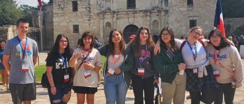 Veronica Butler is online editor of the Lampasas High School news staff, pictured left to right, Joe Neuenschwander, Kilana Baird, Dakota Decker, Camille Rivera, Amelia Stanley, Jade Arzola, Butler and Lucy Mantilla. Not pictured: Katie Johnson and adviser Kayla Cain. courtesy photo