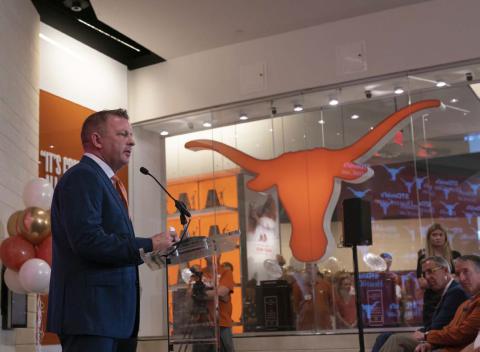 Jim Schlossnagle addresses the media and more at his introductory press conference for Texas. COURTESY PHOTO | TEXAS ATHLETICS