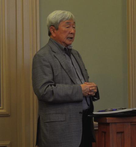 Karl Komatsu, president of Komastu Architecture, presents information on potential renovations needed for the courthouse. The Commissioners Court is expected to continue its discussion of the work at an upcoming meeting. ERICK MITCHELL | DISPATCH