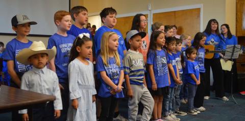 Students representing each grade level at Hanna Springs Elementary performed “The Leader in Me” at Monday night’s Lampasas school board meeting. ERICK MITCHELL | DISPATCH RECORD