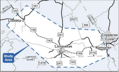The outlined section indicates the area for which TxDOT will commence its study on expansion of Interstate 14. The project has no funding to date, and officials said it could be years before any action is taken to expand the highway west toward Lometa. MAP GRAPHIC COURTESY OF TEXAS DEPARTMENT OF TRANSPORTATION