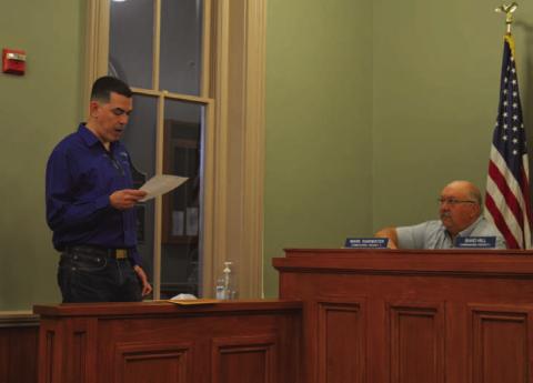 Derrick Berrios, director of the Lampasas County Higher Education Center, speaks to the Lampasas County Commissioners Court to provide an update on course offerings and vocational programs available. Pictured at right is Precinct 4 Commissioner Mark Rainwater. ERICK MITCHELL | DISPATCH RECORD