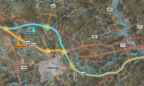 The Texas Department of Transportation unveiled two possible paths for an Interstate 14 bypass around Lampasas. Alternative No. 1, shown in golden-yellow, would entail a route that crosses E. Avenue J and the railroad in northeast Lampasas. Alternative No. 2, in light blue, would be extend farther north of the city and cross over CR 2200 and CR 2001. An existing stretch of U.S. 190 between Lampasas and Kempner is shown in lime-green, and the pale red routes show other concepts contributed by the public.