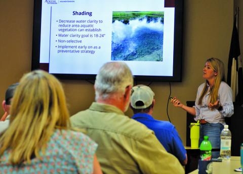 Shading is effective in preventing aquatic vegetation from taking over a pond. The more the sun is able to penetrate to the pond bottom, the more algae and invasive plants will grow, said Brittany Chesser, an aquatic vegetation management program specialist. She addressed a group of landowners at a Texas A&amp;M Extension Service seminar earlier in March. COURTESY PHOTO