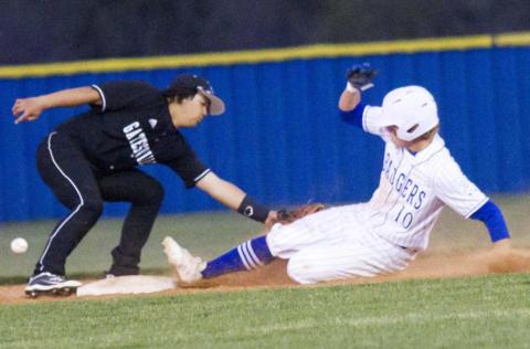 Ace Whitehead, shown sliding into second base during district play, leads Lampasas in several categories, including regular-season batting average and on-base percentage. FLE PHOTO