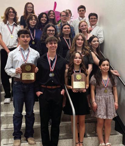 Cast members a part of Lampasas High School’s UIL One-Act Play production pose for a photo after a top distict performance that saw students advance to the bi-district round. COURTESY PHOTO