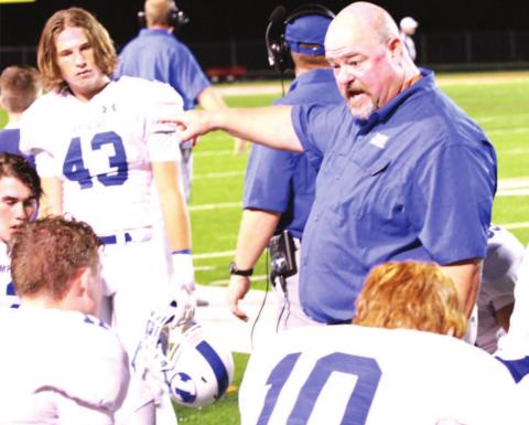 Sam Waldrip talks to his defense during the Badgers’ 2018 football season. FILE PHOTO