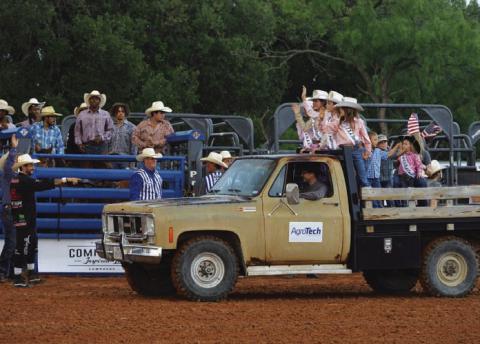 The Riata Roundup Rodeo court makes its way around the 580 Sports Complex rodeo arena at last year’s event. FILE PHOTO