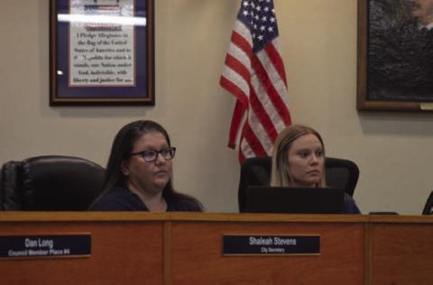 At left, incoming Kempner City Secretary Shaleah Stevens sits next to the outgoing secretary, Hayleigh Talasek, during last week’s council meeting. ERICK MITCHELL | DISPATCH RECORD