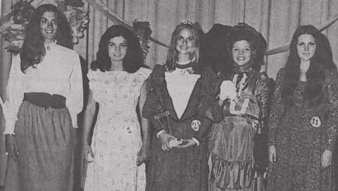 The first Spring Ho festival offered crowning of the 1972 Spring Ho Queen and her court. From left to right are Dianna Wear, second runner-up; Vicki Miles, first runner-up; Mary Anna Wittenburg, Spring Ho Queen; Robyn Pritchett, third runner-up; and Regina Brown, fourth runner-up. The theme the first two years was “The Gay ’90s,” and the court dressed accordingly. FILE PHOTO