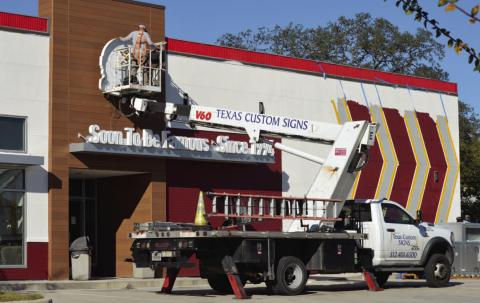 New signs go up at 404 N. Key Ave. in the fast-food location that formerly hosted a Burger King. Layne’s Chicken Fingers in Lampasas is owned by the Khan Family, a group of family members in the greater Austin area. ERICK MITCHELL | DISPATCH RECORD