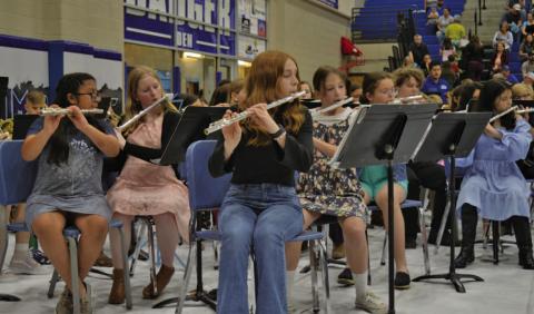 The flute section of the Lampasas Middle School Beginner Band performs “Guiro Hero” during the annual spring concert on Thursday. ERICK MITCHELL | DISPATCH RECORD