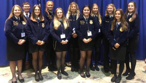 Lampasas FFA members who attended the recent Texas FFA State Convention are, from left, Emily Brister, Zechariah Randall, Paige Rutland, Juliana Dwamena, Catherine Hicks, Vivian Gardner, Abriana Flores, Haylee Finley, Daecee Ellis, Neely Miller and Avery Hopson. COURTESY PHOTO