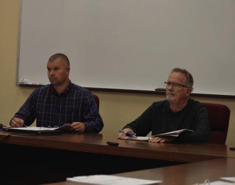 ERICK MITCHELL | DISPATCH RECORD Lampasas Central Appraisal District Board of Directors Chairman Marshall Brewer, left, and Board Secretary Philip Garrett look on during Thursday’s meeting.