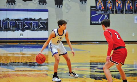 Luke Shivers dribbles and looks for a teammate to pass to during the Badgers’ game against Salado last week. HUNTER KING | DISPATCH RECORD