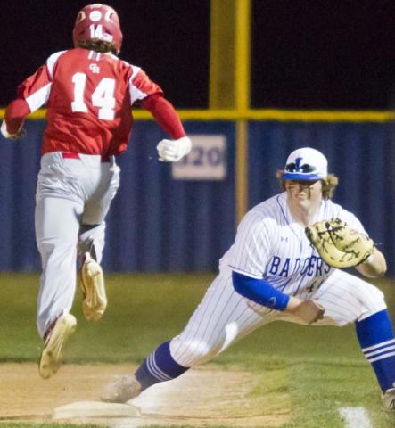 Senior first baseman Hayden Waldrip steps on first to force an out in a district game against Glen Rose during a three-game winning streak that ended on Monday. JEFF LOWE | DISPATCH RECORD