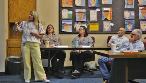 Kline Whitis Elementary School Principal Leanne Bobo gives a campus update to the Lampasas ISD Board of Trustees in the regular meeting held March 2. ERICK MITCHELL | DISPATCH RECORD