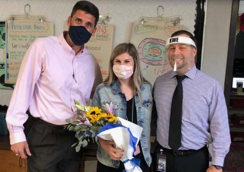Superintendent Dr. Chane Rascoe, left, and Kline Whitis Elementary Principal Wes Graham are shown with the LISD Elementary Teacher of the Year Marley Wiggins. COURTESY PHOTO