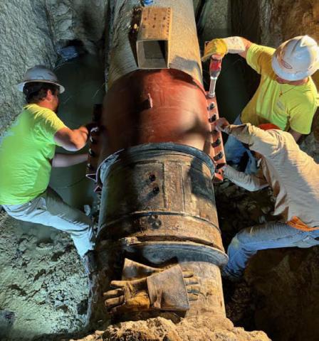 Welders work to complete repairs on the 24-inch main line after a leak developed between State Highway 195 and the Ivy Mountain distribution tank that stores water for Kempner Water Supply customers. COURTESY PHOTO