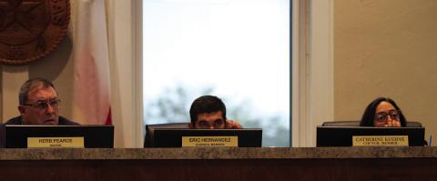 Mayor Herb Pearce, at left, and council members Eric Hernandez and Catherine Kuehne listen as City Manager Erin Corbell presents her update on the East Second Street improvements project and the search for a new public works director. HUNTER KING | DISPATCH RECORD