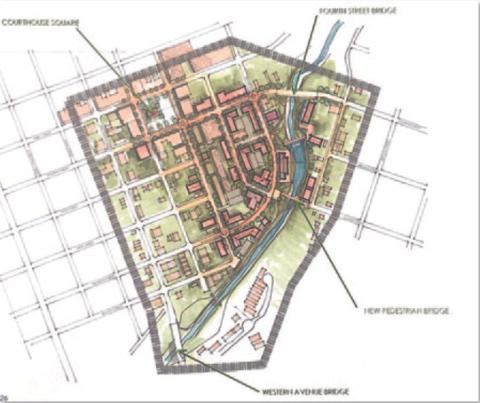 An area to the west of Sulphur Creek (shaded pink on the drawing) could be developed and extend south from Fourth Street to Seventh Street with a variety of business and housing options offered, according to a presentation by architect Stuart Alderman. COURTESY RENDERING | STUART ALDERMAN