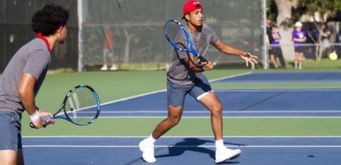 Francisco Jaimes, left, and Enrique Caso Prado competed in the 1A boys’ doubles state qurterfinals in San Antonio on Thursday. JEFF LOWE | DISPATCH RECORD