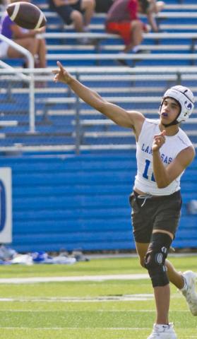 Dylan Sanchez throws a pass in the Badgers’ second game against Georgetown on Monday in 7-on-7. JEFF LOWE | DISPATCH RECORD