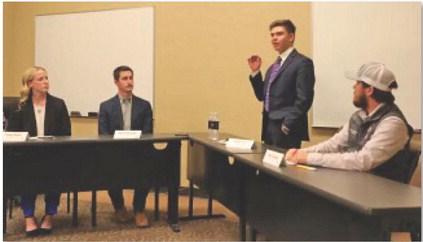 Dawson Raub, a member of the Lampasas County Farm Bureau, makes his final points at a Texas Farm Bureau Collegiate Ag Discussion competition heat held recently in Waco. courtesy photo