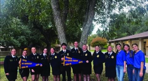 These Lampasas FFA members qualified for advancement to Area VII Leadership competition in Uvalde and brought home several banners for their teams. Their FFA adviser is Judy Hail. COURTESY PHOTO