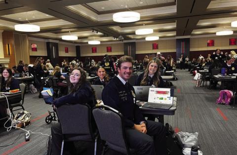 Lampasas FFA Agriculture Communications team members -- back row from left, Emory Vineyard and Chandler Boultinghouse, and front row, Cara Fitzner and Darren Tristan -- pose during the state competition held May 2-3 at Texas Tech University. COURTESY PHOTO