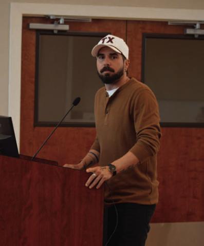 ERICK MITCHELL | DISPATCH RECORD Film producer Chase Kuker addresses the Lampasas Economic Development Corp. board members at a called meeting last week to address changes to his promotional package that can be used to market the city.