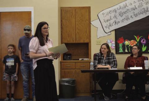 Hanna Springs Principal Lindsay Duhon provides LISD trustees a campus update during Monday’s school board meeting. ERICK MITCHELL | DISPATCH RECORD
