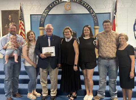 On hand for the presentation of the Golden Trowel Award to Past Master Mickey Edwards, in center, were Reagan, Braden and Tate Edwards, at left; Edwards’ wife, Jani Edwards; Morgan and Jay Edwards; and Kay Hewitt, at right. COURTESY PHOTO