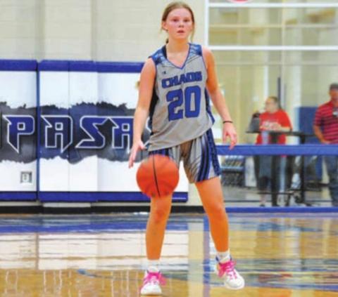 Addison Borchardt dribbles at the top of the key during the Lady Badgers’ game against San Saba. HUNTER KING | DISPATCH RECORD