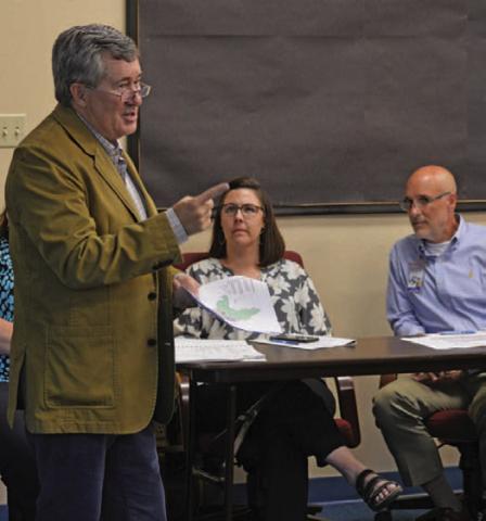 Zonda Education’s Bob Templeton provides results of a demographic study on student population growth projections to officials at Monday’s Lampasas ISD school board meeting. ERICK MITCHELL | DISPATCH RECORD