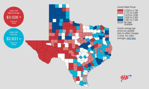 AAA Texas statistics show the red-shaded areas to have the highest gasoline prices in the state, while those counties in blue offer the lowest prices per gallon. Lampasas County is included among those with low prices. AAA | COURTESY GRAPHIC