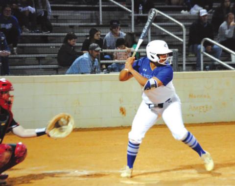 Mia Maldonado loads up to hit a pitch that she sent over the centerfield wall for a home run against Ballinger. HUNTER KING | DISPATCH RECORD