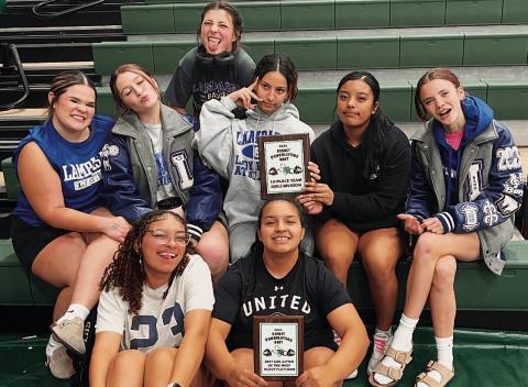 Members of the girls’ powerlifting team pose with their plaques from the Burnet meet. COURTESY PHOTO | T.J. CLEAVINGER