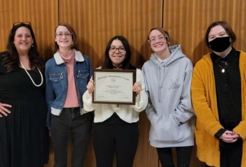 Technology teacher Cathy Kuehne, at left, is pictured with students who had their work featured at the UIL state film festival last month: Mali Windhorst, Katlyn Greer, Zali Windhorst and Kailey Morgan. COURTESY PHOTO