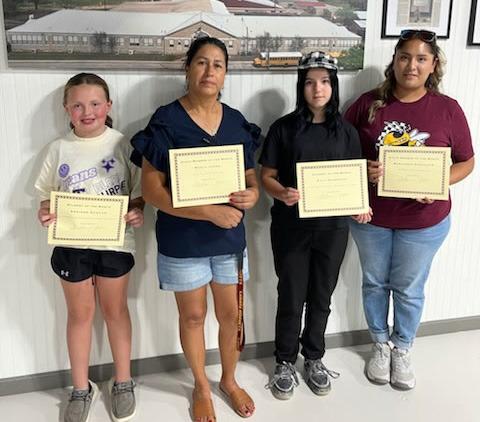 The Lometa ISD recognized several students and staff members of the month. Shown with their certificates are, from left to right, Addison Duncan, Maria Jasso, Evly Sharrock and Mercedes Almaguer. Not pictured: Eliana Gonzalez. COURTESY PHOTO