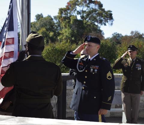 Members of the 62nd Engineer Brigade post the colors at Tuesday’s Veterans Day program, hosted at the Sylvia Tucker Memorial Park in Kempner. For more photos from various events recognizing veterans of the U.S. armed forces, see page 3. ERICK MITCHELL | DISPATCH RECORD